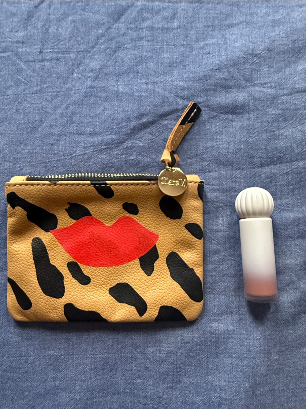 Clare V Mustard Leopard Lip Zip Pouch with Red Graphic - Picture 3 of 3